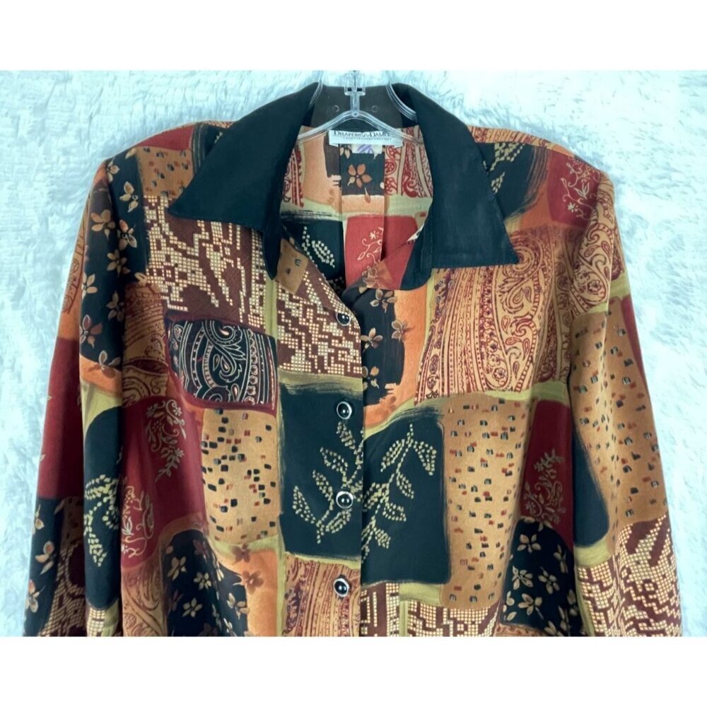 Draper's & Damon's Medium Long Sleeve Button Down Shirt Black Tan Floral Squares - Picture 2 of 8